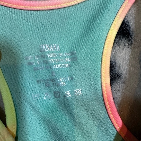 Zenana Women’s Pink and Neon Yellow Tie Dye Razor Back Activewear Sports Bra - Picture 3 of 3